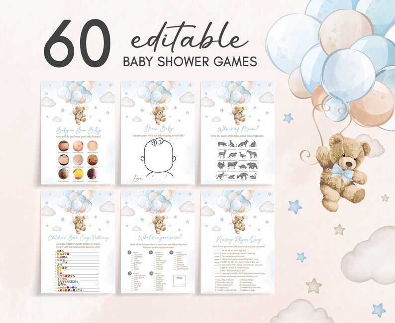 Editable Boy Bear Balloon Baby Shower Games Bundle, We Can Bearly Wait Baby Shower Game Pack, Blue Boho Bear Baby Shower Game Template, 0623 image 1