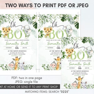 May include: Two printable baby shower invitations with a jungle theme. The invitations feature a green and white background with illustrations of a lion, elephant, giraffe, monkey, and rhino. The text on the invitations reads "Oh Boy" and includes the date, time, and location of the shower. The invitations are available in PDF and JPEG formats.