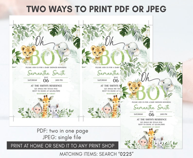 May include: Two printable baby shower invitations with a jungle theme. The invitations feature a green and white background with illustrations of a lion, elephant, giraffe, monkey, and rhino. The text on the invitations reads "Oh Boy" and includes the date, time, and location of the shower. The invitations are available in PDF and JPEG formats.
