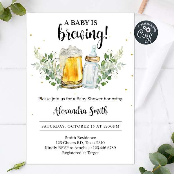 Modèle imprimable modifiable « Un bébé prépare une baby shower », une bouteille et une bière, une invitation à une baby shower, un modèle imprimable neutre en termes de genre 0210