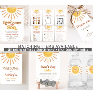 Editable Sunshine Baby Shower Bottle Label, Here Comes the Son Baby Shower Water Label, Retro Sun Bottle Stickers, Boy Boho Sunshine, 0640 image 2
