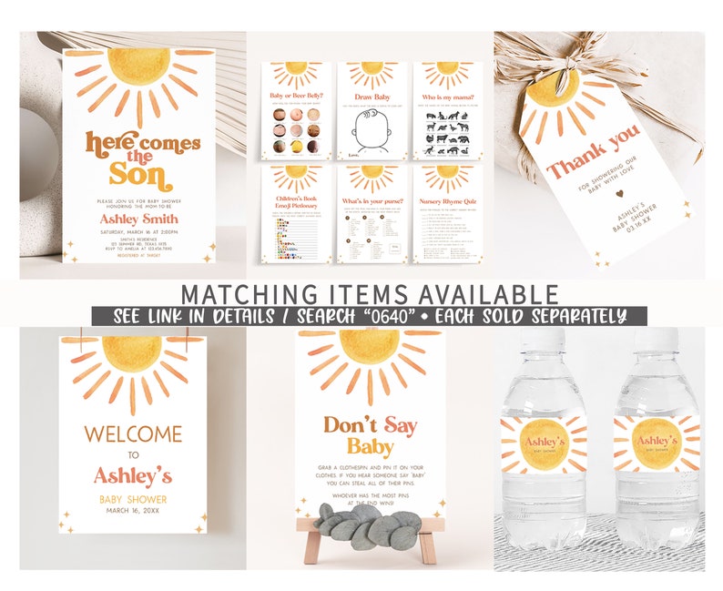 Editable Sunshine Baby Shower Bottle Label, Here Comes the Son Baby Shower Water Label, Retro Sun Bottle Stickers, Boy Boho Sunshine, 0640 image 2