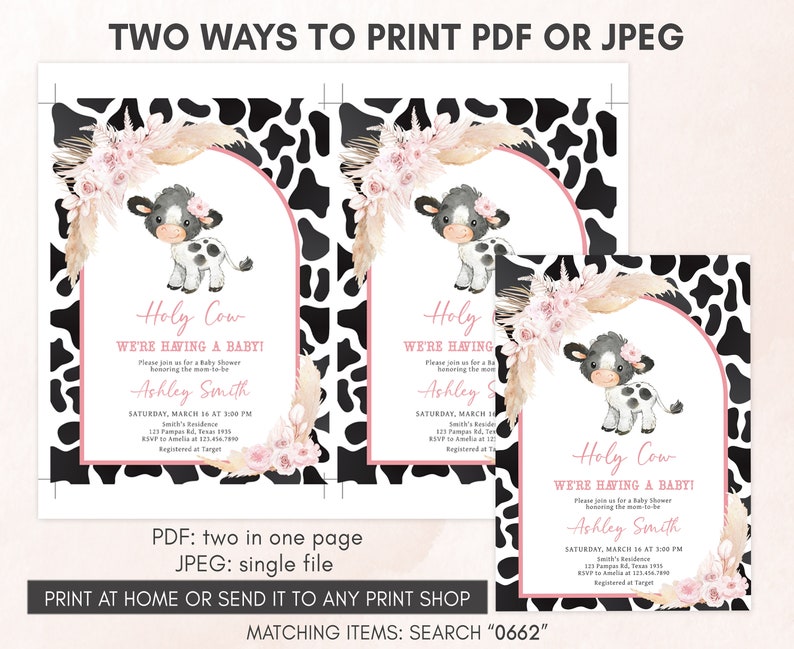 Editable Pink Cow Baby Shower Invitation, Girl Holy Cow Baby Shower Invite, Boho Highland Cow Farm Baby Shower Invitation Template, 0662 image 3