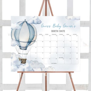 Editable Adventure Awaits Baby Shower Due Date Calendar, Blue Hot Air Balloon Baby Shower Calendar, Adventure Awaits Boy Baby Shower, 0643 image 1