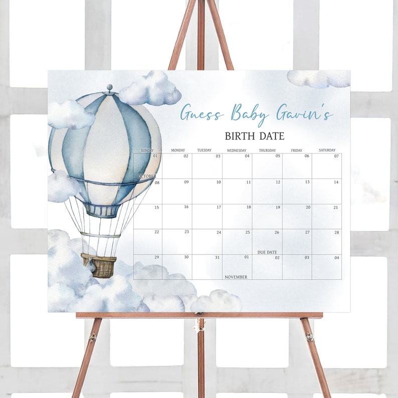 Editable Adventure Awaits Baby Shower Due Date Calendar, Blue Hot Air Balloon Baby Shower Calendar, Adventure Awaits Boy Baby Shower, 0643 image 1