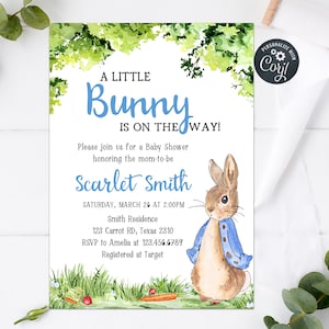 Editable Peter Rabbit Baby Shower Invitation, Blue Bunny Baby Shower Invite, Rustic Greenery Peter Rabbit Invitation Printable Template 0235