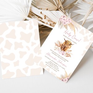 Editable Boho Highland Cow Baby Shower Invitation Bundle, Pink Holy Cow Baby Shower Invite Set, Girl Highland Cow Boho Baby Shower, 0509 image 2