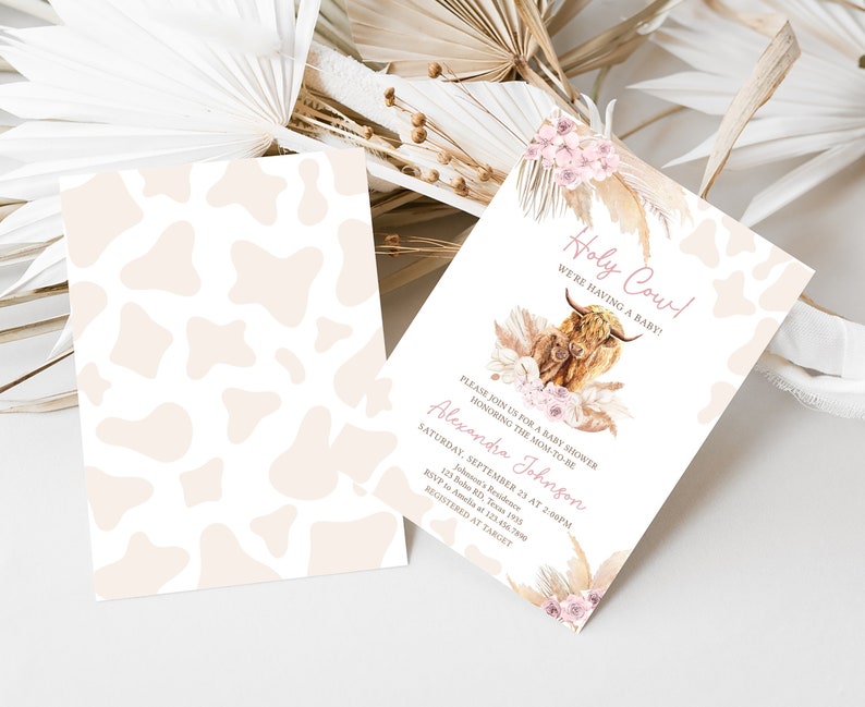 Editable Boho Highland Cow Baby Shower Invitation Bundle, Pink Holy Cow Baby Shower Invite Set, Girl Highland Cow Boho Baby Shower, 0509 image 2