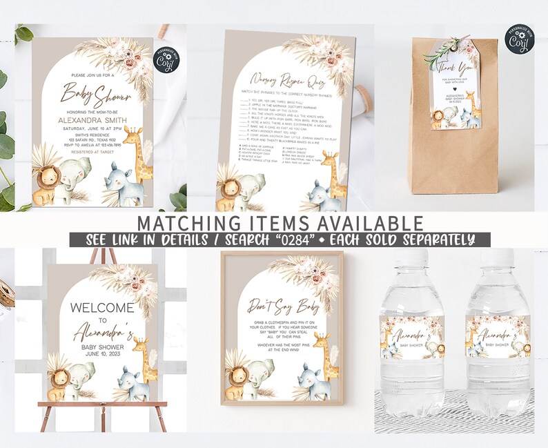Editable Boho Safari Baby Shower Invitation Set, Boho Jungle Baby Shower Invite Pack, Boho Safari Animals Invitation Bundle Template 0284 image 8