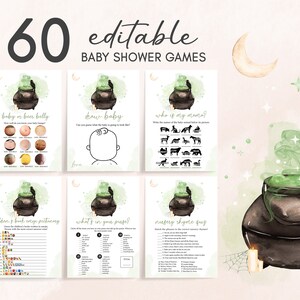 編集可能な「A Baby is Brewing」ハロウィンベビーシャワーゲームバンドル、グリーンハロウィンベビーシャワーゲームパック、ジェンダーニュートラル魔女ゲームセット 0468