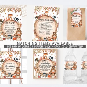 May include: A collection of baby shower decorations featuring woodland animal illustrations. Items include invitations, a nursery rhyme quiz, gift tags, a welcome sign, a "Don't Say Baby" game, and water bottle labels. The text includes "It's a Boy!" and "Welcome to Alexandra's Baby Shower."