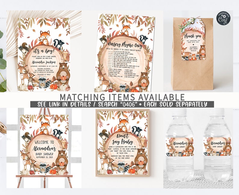 May include: A collection of baby shower decorations featuring woodland animal illustrations. Items include invitations, a nursery rhyme quiz, gift tags, a welcome sign, a "Don't Say Baby" game, and water bottle labels. The text includes "It's a Boy!" and "Welcome to Alexandra's Baby Shower."