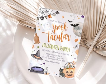 May include: A Halloween party invitation with a watercolor illustration of a ghost, a witch's hat, a cauldron, a black cat, and a jack-o'-lantern. The text reads "Join us for a Spooktacular Halloween Party!" with the date, time, and location information.
