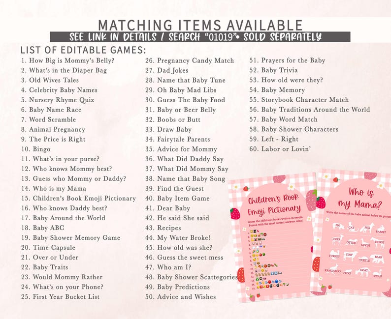 a list of matching items available for a baby shower
