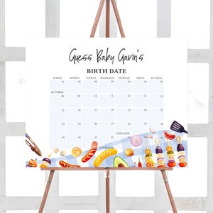 Calendario editable de fechas de nacimiento para baby shower de Baby-Q, calendario de baby shower con barbacoa en el jardín y cuadros azules, predicciones de cumpleaños para picnics en pareja, 01052