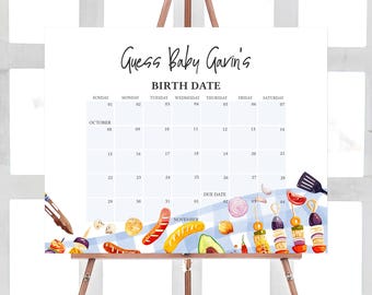 Op de afbeelding: Een printbaar babyshower-spel met een kalender waarop gasten de uitgerekende datum van de baby kunnen raden. De kalender is versierd met een blauw-wit ruitjespatroon en verschillende grill-illustraties, waaronder hotdogs, maïs op de kolf en spiesjes.