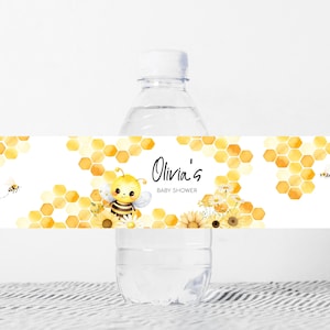 Etiquette modifiable pour biberon abeille, étiquette d'eau pour baby shower Oh Bee, baby shower floral abeille, autocollants neutres nid d'abeille pour biberon, 01002