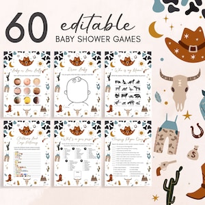 Editable Little Cowboy Baby Shower Games Bundle, Blue Wild West Baby Shower Game Pack, Country Western Rodeo Baby Shower Games Template 0724