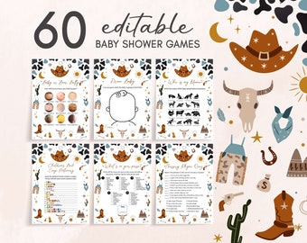 Editable Little Cowboy Baby Shower Games Bundle, Blue Wild West Baby Shower Game Pack, Country Western Rodeo Baby Shower Games Template 0724