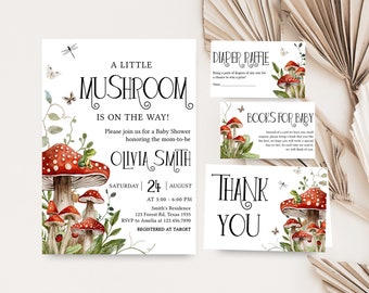 Editable Mushroom Fall Baby Shower Invitation Bundle, Enchanted Forest Boho Baby Shower Invite Set, Little Mushroom Baby Shower Invite, 0847
