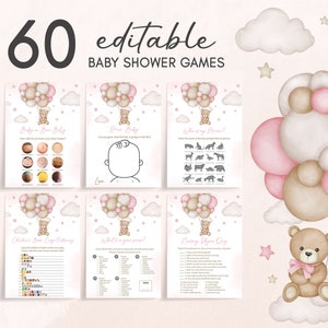 Editable Girl Bear Balloon Baby Shower Games Bundle, We Can Bearly Wait Baby Shower Game Pack, Pink Boho Bear Baby Shower Game Template 0598 image 1