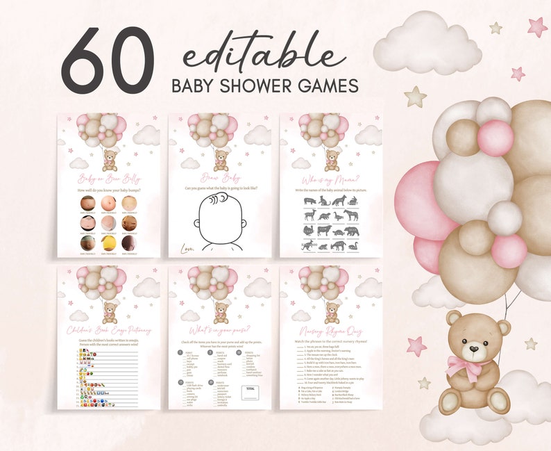 Editable Girl Bear Balloon Baby Shower Games Bundle, We Can Bearly Wait Baby Shower Game Pack, Pink Boho Bear Baby Shower Game Template 0598 image 1