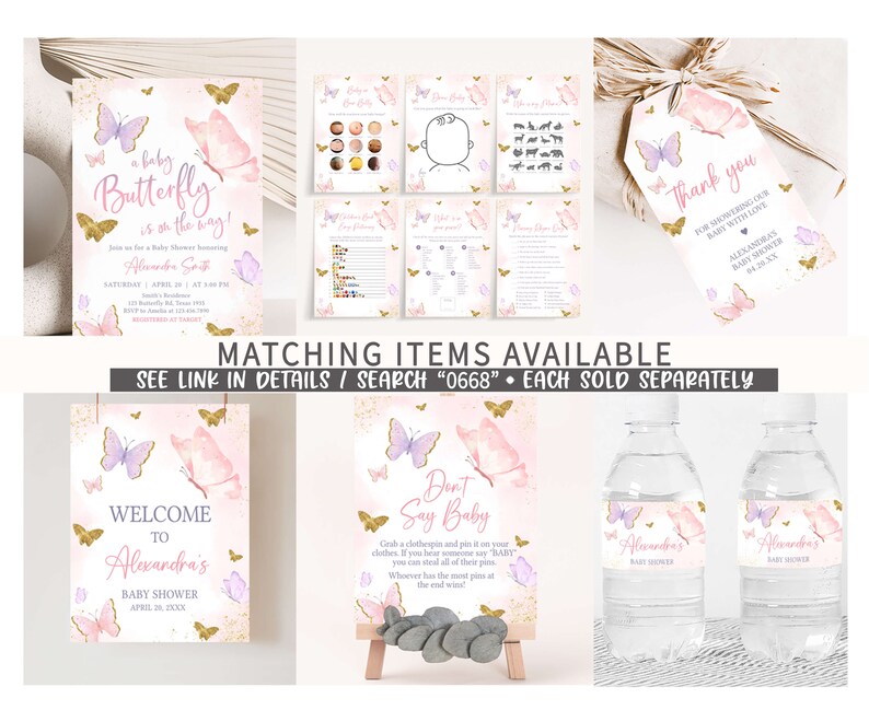 Puede incluir: Un conjunto de decoraciones imprimibles para una fiesta de bienvenida al beb&eacute; con tem&aacute;tica de mariposas rosas y moradas. El conjunto incluye un cartel de bienvenida, un juego de "No digas beb&eacute;", una etiqueta de agradecimiento y etiquetas para botellas de agua. El texto en el cartel de bienvenida dice "Bienvenido a la fiesta de bienvenida al beb&eacute; de Alexandra". El texto en el juego de "No digas beb&eacute;" dice "No digas beb&eacute;". El texto en la etiqueta de agradecimiento dice "Gracias por duchar a nuestro beb&eacute; con amor Alexandra's Baby Shower". El texto en las etiquetas para botellas de agua dice "Alexandra's Baby Shower".