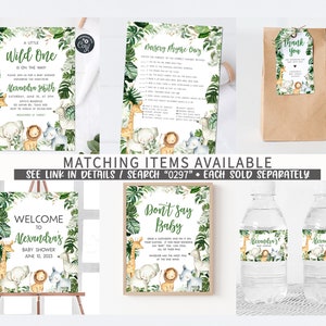 May include: A set of printable baby shower decorations with a jungle theme. The set includes a welcome sign, a don't say baby game, a nursery rhyme quiz, a thank you tag, and water bottle labels. The decorations feature a green, brown, and white color scheme with illustrations of animals like a lion, giraffe, elephant, and zebra.