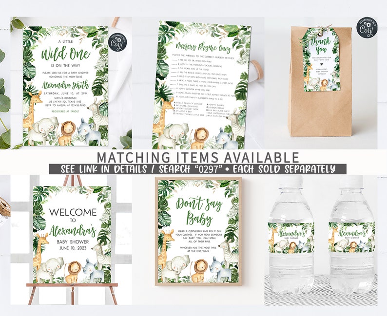 May include: A set of printable baby shower decorations with a jungle theme. The set includes a welcome sign, a don't say baby game, a nursery rhyme quiz, a thank you tag, and water bottle labels. The decorations feature a green, brown, and white color scheme with illustrations of animals like a lion, giraffe, elephant, and zebra.