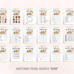 May include: A collection of eighteen printable baby shower game cards featuring a watercolor pumpkin and witch hat illustration. Each card includes specific game titles like Baby or Beer Belly, Advice for Mommy, and What did Daddy Say, with lines for writing answers.