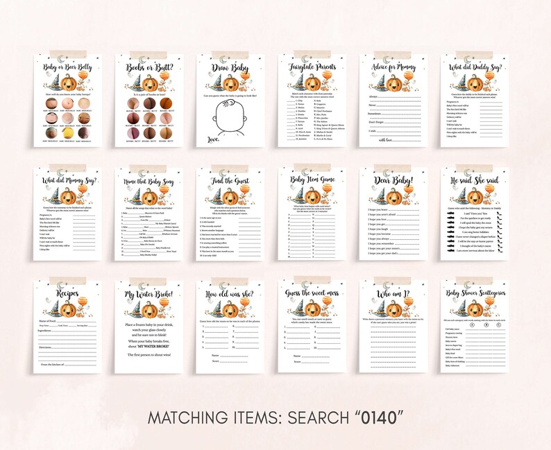 May include: A collection of eighteen printable baby shower game cards featuring a watercolor pumpkin and witch hat illustration. Each card includes specific game titles like Baby or Beer Belly, Advice for Mommy, and What did Daddy Say, with lines for writing answers.