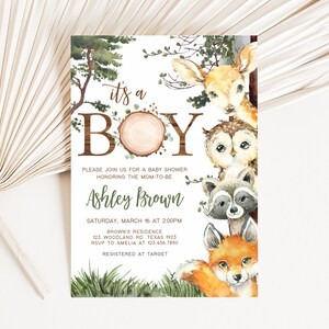 Editable Woodland Baby Shower Invitation, Woodland Boy Baby Shower Invite, Woodland Animals Forest Baby Shower, Boy Forest Invitation, 0645