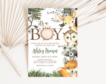 Editable Woodland Baby Shower Invitation, Woodland Boy Baby Shower Invite, Woodland Animals Forest Baby Shower, Boy Forest Invitation, 0645