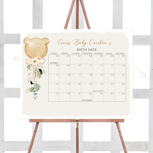 Bearbeitbarer Bär-Babyparty-Fälligkeitskalender, Teddybär-Babypartykalender, Geschlechtsneutrale Braunbär-Geburtstagsvorhersage Vorlage 0292