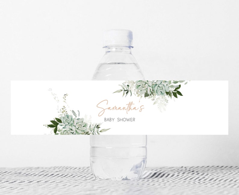 Editable Baby in Bloom Baby Shower Bottle Label, Succulent Gender Neutral Baby Shower Water Labels, Succulents Greenery Bottle Sticker, 0681 image 1