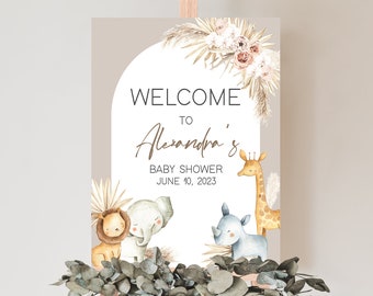 Editable Boho Safari Baby Shower Welcome Sign Boho Jungle Baby Shower Welcome Poster Boho Safari Animals Sign Decor Printable Template 0284