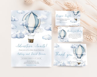 Editable Adventure Awaits Baby Shower Invitation Bundle, Blue Hot Air Balloon Baby Shower Invite Set, Adventure Awaits Boy Baby Shower, 0643