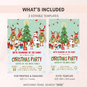 a christmas party flyer with two reindeers and a christmas tree