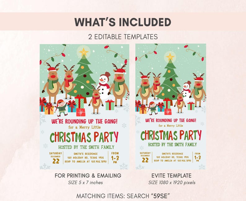 a christmas party flyer with two reindeers and a christmas tree