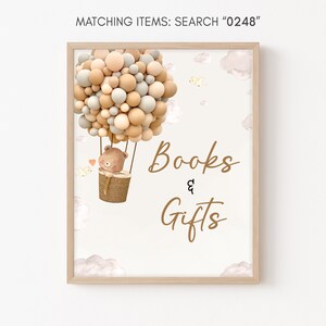 Sinal de livros e presentes para chá de bebê de urso de balão de ar quente, sinal de presentes de chá de bebê Boho, sinais de decoração de chá de bebê de urso marrom neutro de gênero, 0248