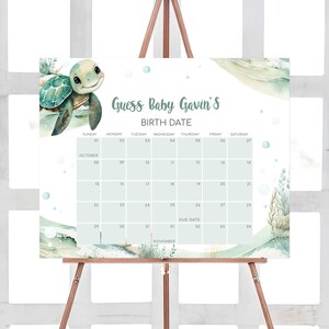 Calendario editable de fecha de vencimiento del baby shower de tortugas marinas, calendario de baby shower bajo el mar, juego de predicción de cumpleaños del baby shower de Ocean Boy, 0712 imagen 1