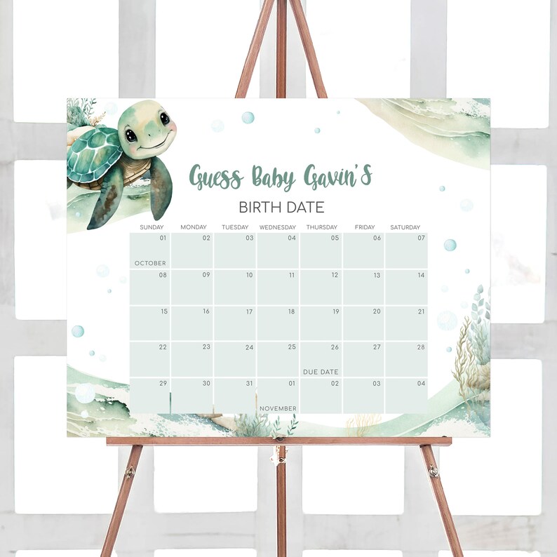 Calendario editable de fecha de vencimiento del baby shower de tortugas marinas, calendario de baby shower bajo el mar, juego de predicción de cumpleaños del baby shower de Ocean Boy, 0712 imagen 1