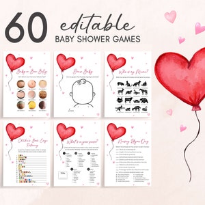 Pacchetto modificabile di giochi per baby shower di San Valentino, pacchetto di giochi per baby shower con palloncini a cuore rosso, giochi minimalisti per baby shower con un piccolo tesoro, 0597