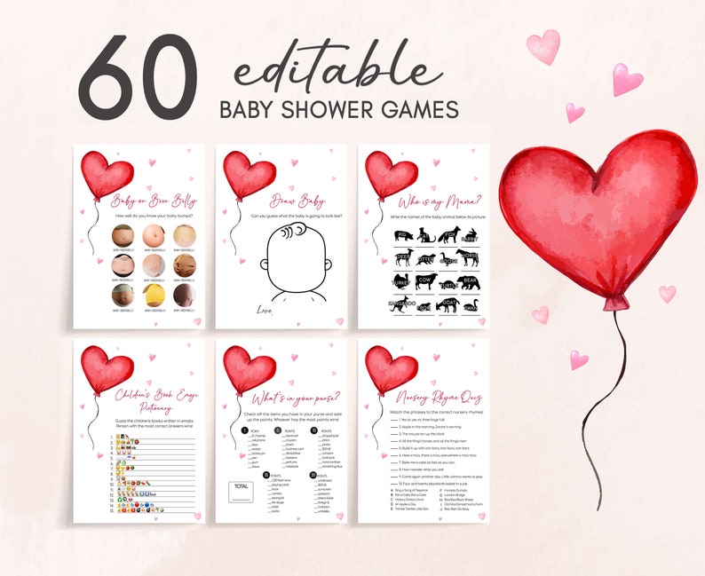 Editable Valentine Baby Shower Games Bundle, Red Heart Balloon Baby Shower Game Pack, Minimalist A Little Sweetheart Baby Shower Games, 0597 image 1