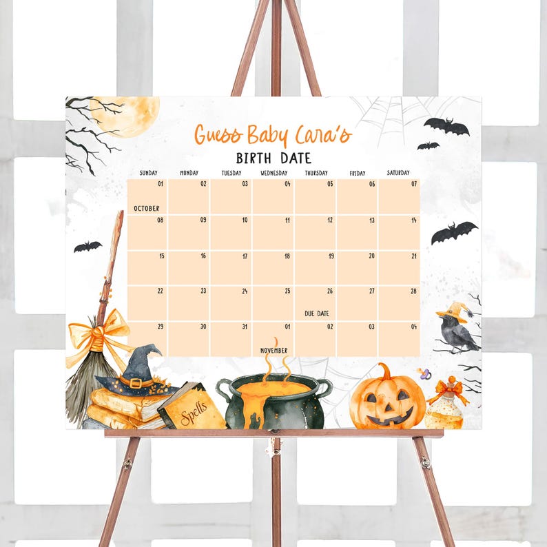 A calendar for guessing baby Cara's birth date, featuring Halloween-themed illustrations such as bats, pumpkins, and a broomstick.