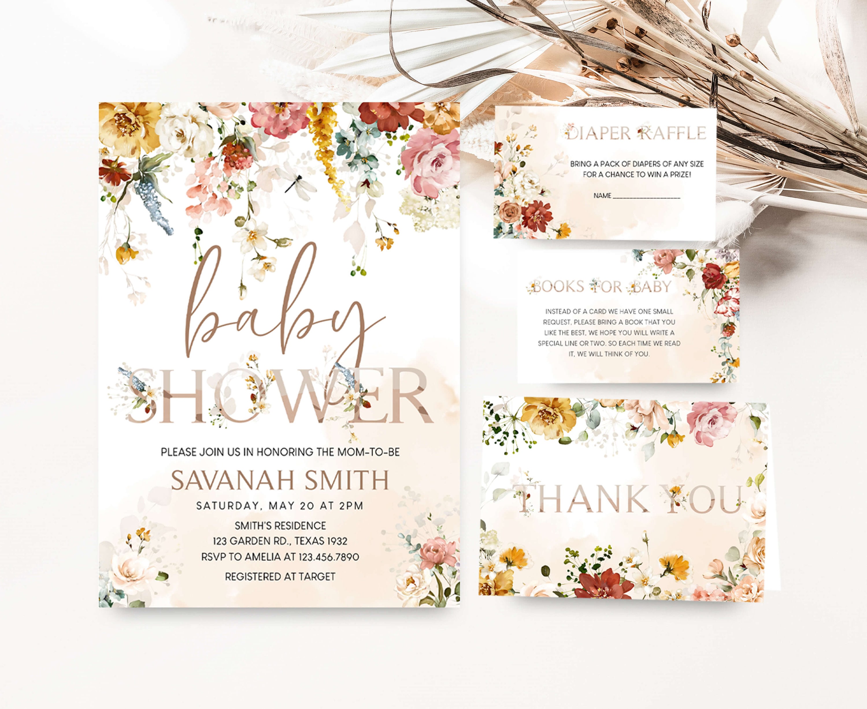 Editable Garden Flowers Baby Shower Invitation Set, Floral Baby Shower ...