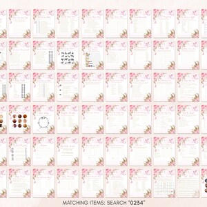 Op de afbeelding: Een verzameling printables voor babyshower-spellen. Elke pagina heeft een bloemen- en vlinderontwerp met verschillende speltitels. De tekst "Matching Items: Search 0234" staat onderaan. De kleurstelling is zachtroze en wit.