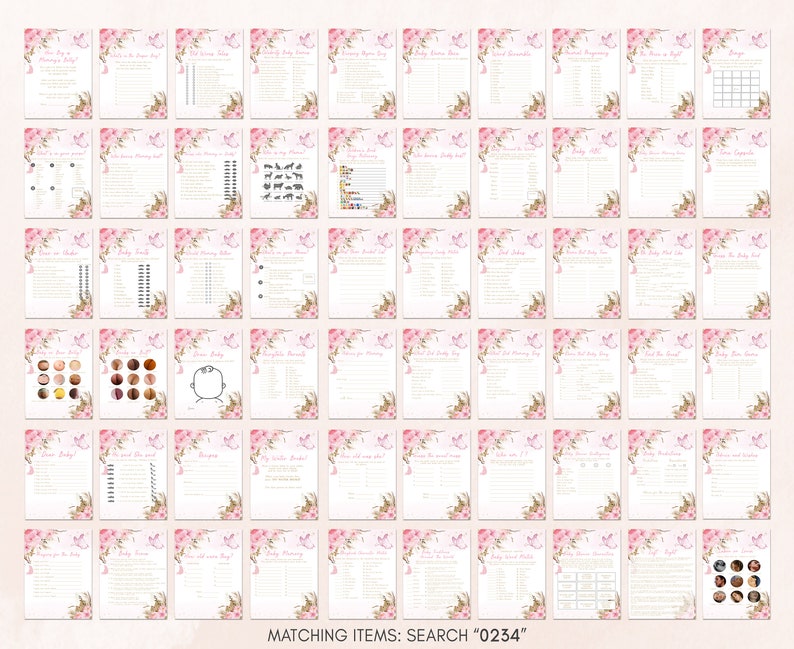 Op de afbeelding: Een verzameling printables voor babyshower-spellen. Elke pagina heeft een bloemen- en vlinderontwerp met verschillende speltitels. De tekst "Matching Items: Search 0234" staat onderaan. De kleurstelling is zachtroze en wit.