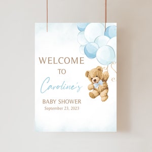 Editable Boy Bear Balloon Baby Shower Welcome Sign, We Can Bearly Wait Baby Shower Welcome Poster, Blue Teddy Bear Baby Shower Sign 0421