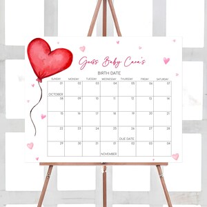 Bewerkbare Valentijn babyshower vervaldatum kalender, rood hart ballon babyshower kalender, minimalistische babyshower babyshower, 0597 afbeelding 1